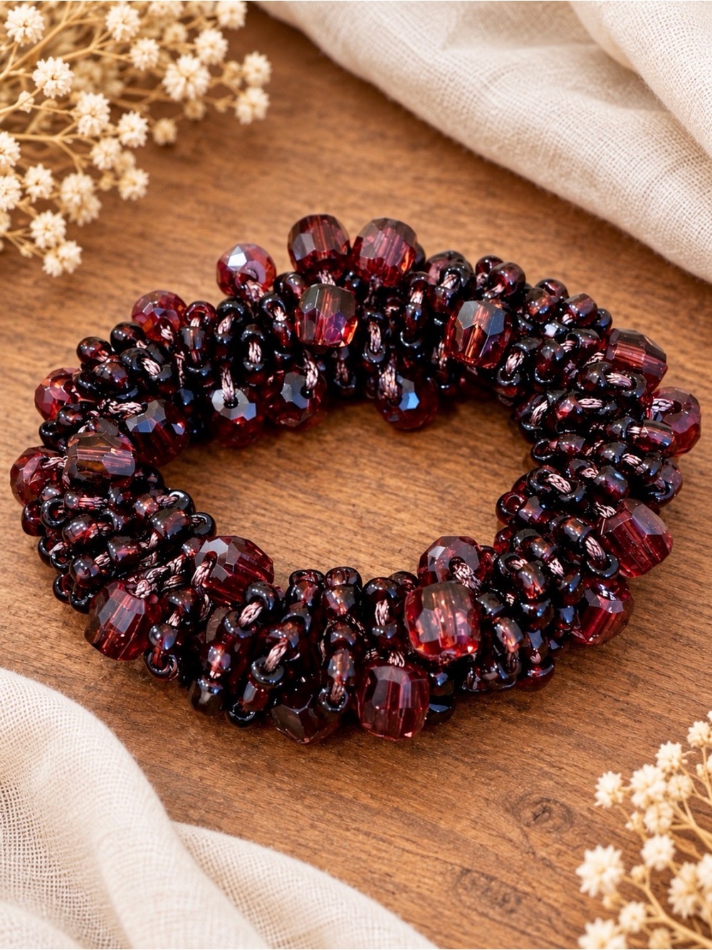Vintage Chunky Acrylic Beaded Bracelet Garnet Tone StretchLightweight